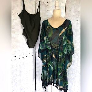 Green Leaf Print Cover-Up and Matching Swimsuit Set.